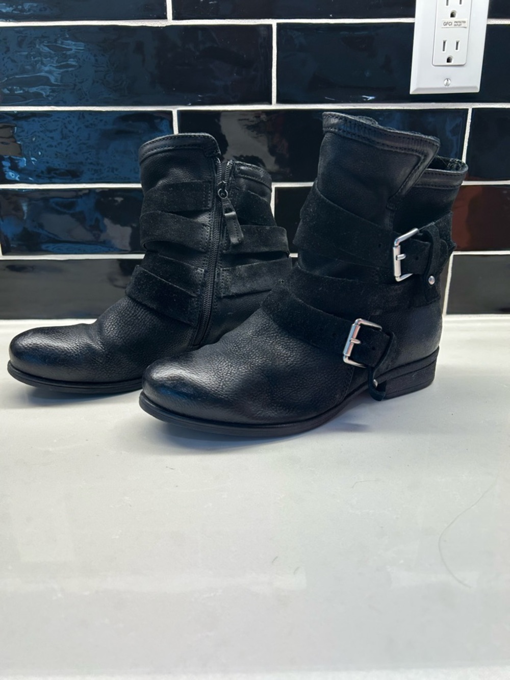 Miz Mooz Black Leather & Suede Buckle Ankle Boots